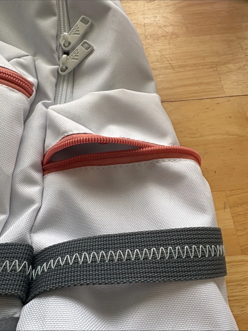 adidas White and Gray Backpack with Pink Zippers